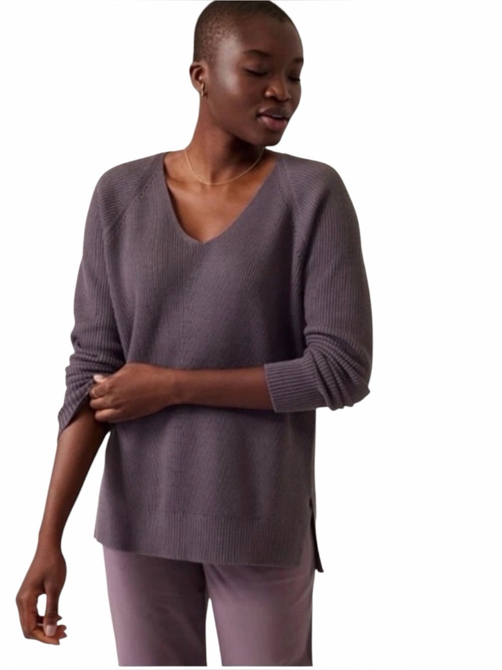Athleta Purple Hanover V Neck Merino Wool Blend Sweater Pullover size XS